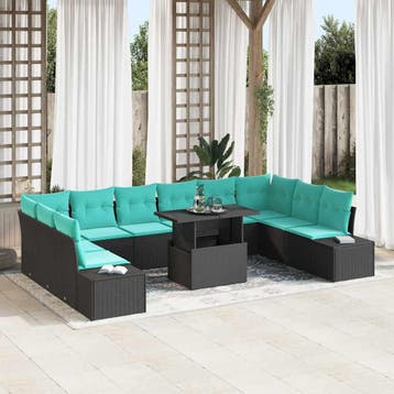 vidaXL Tuin Sofa Set 11 st Zwart en Blauw poly rattan, Verzenden, Nieuw, Rotan, Meer dan 8 zitplaatsen
