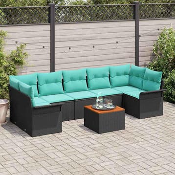 vidaXL Tuinbankenset met opslag 8 pcs Zwart en Turquoise, Verzenden, Nieuw, Rotan, 8 zitplaatsen
