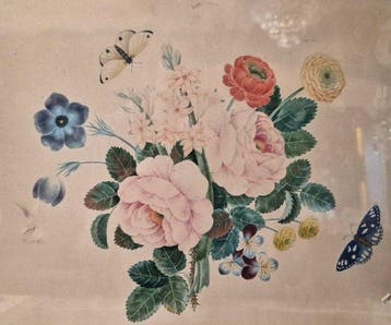 Franse school (XIX) - Mazzo di fiori con farfalle