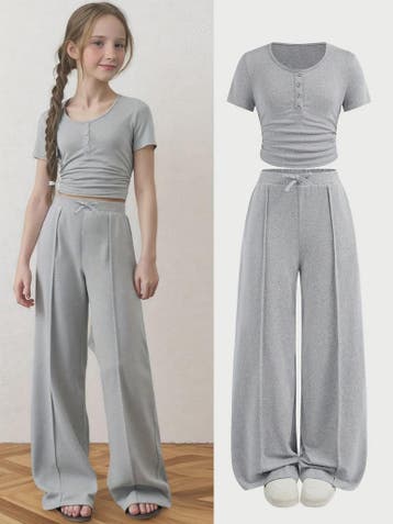 Casual Zomer Set voor Meisjes: T-shirt met Knopen & Wijde Br, Verzenden, Nieuw
