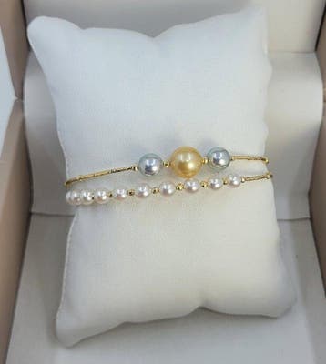 Armband - 18 karaat Geel goud - 4×8,5 mm Akoya parels, Sieraden, Tassen en Uiterlijk, Nieuw