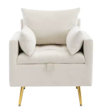 Fluwelen Fauteuil – Opbergruimte - Gouden Poten + Kussens, Huis en Inrichting, Stoelen, Verzenden, Wit, Nieuw, Stof