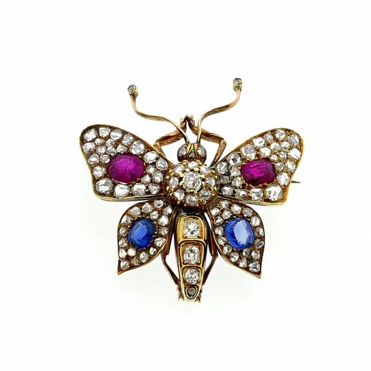 Gouden broche van een vlinder met diamant, robijn en saff..., Sieraden, Tassen en Uiterlijk, Broches, Overige kleuren, Gebruikt