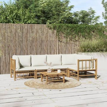 vidaXL 6-delige Loungeset met kussens bamboe crèmewit, Verzenden, Nieuw, Hout, Loungeset