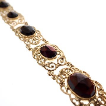 Vintage gouden bootjes armband met granaat (Schakelarmband), Gebruikt, Ophalen of Verzenden, Met edelsteen, Goud