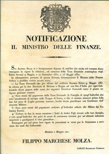 Manoscritto - Notificazione del Ministro delle Finanze del