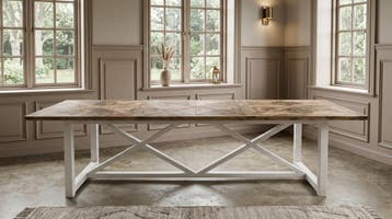 Maatwerk landelijke XL eettafel in RM kasteelvloer motief, Riviera Maison Landelijk, 100 tot 150 cm, Ophalen of Verzenden, Vijf personen of meer