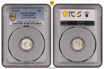 Koningin Wilhelmina 10 cent 1944 EP MS66 PCGS gecertificeerd, Verzenden, Zilver, 10 cent, Koningin Wilhelmina
