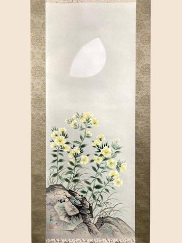 Japanse hangscroll - Bloemen onder maanlicht - Zijde -