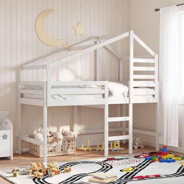 vidaXL Halfhoogslaper met ladder en bedhuis grenenhout wit, 90 cm, Eenpersoons, Verzenden, Wit