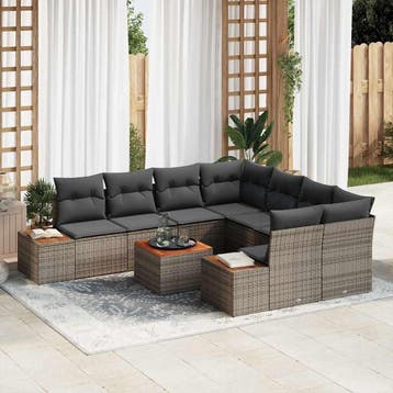 vidaXL Tuinbankenset 9 st Grijs Poly riet, Verzenden, Nieuw, Rotan, Meer dan 8 zitplaatsen