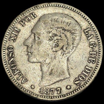 Spanje. Alfonso XII. 5 Pesetas 1877. DEM. (Zonder