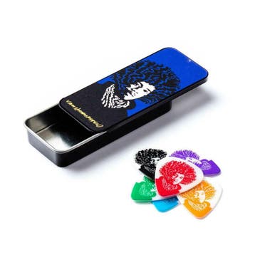 Jimi Hendrix opbergblikje + plectrums officiële merchandise, Verzamelen, Muziek, Artiesten en Beroemdheden, Ophalen of Verzenden