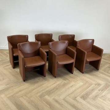 Complete set 6 stuks Design PS148-fauteuil, Centro Progetti, Huis en Inrichting, Stoelen, Gebruikt, Bruin, Leer, Ophalen of Verzenden