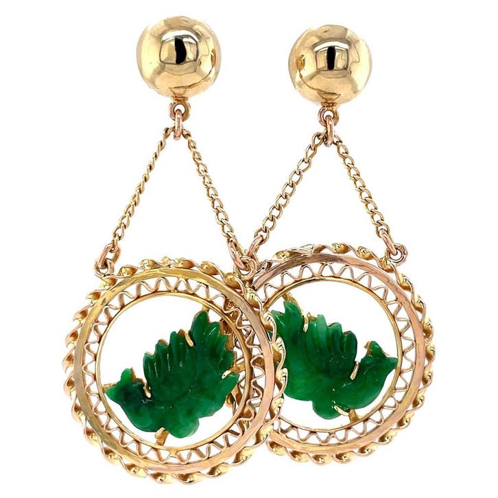 Gouden vintage oorhangers met jade 14 krt, Sieraden, Tassen en Uiterlijk, Oorbellen, Ophalen of Verzenden