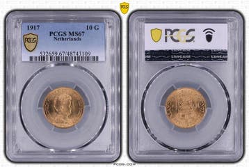 Gouden Wilhelmina 10 gulden 1917 MS67 gecertificeerd PCGS, Verzenden, Goud, Koningin Wilhelmina, Losse munt