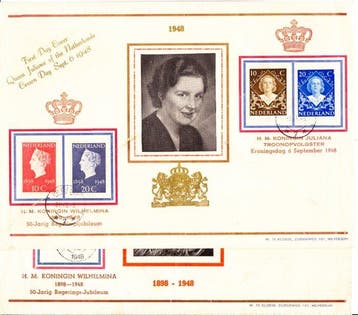 Nederland 1948 - 2 Voorloper FDCs / jubileumcover op groot, Gestempeld