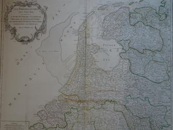 Ets gekleurd, kaart der Nederlanden Robert de Vaugondy 1750, Gelezen, Verzenden, Voor 1800, Landkaart