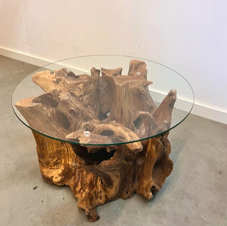 Unieke teakhouten wortel salontafel uit voorraad geleverd!, Huis en Inrichting, Tafels | Salontafels, 50 tot 100 cm, Rond, Nieuw