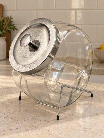 Vintage glazen winkelierspot op metalen standaard – met