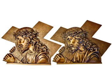 M. Thomas - Paar antieke bronzen reliëfs - Kruiswegstaties -