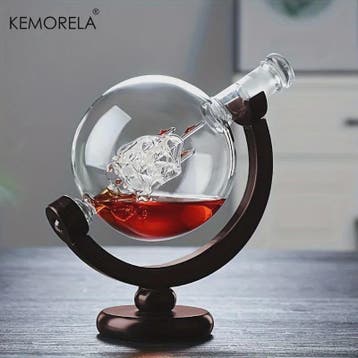 Luxe Whiskey Decanter Set in Wereldbol Design met Houten Sta, Verzenden, Nieuw