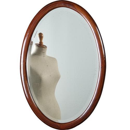 Ovale Engelse halspiegel met facet en ingelegde biezen ca 18, Antiek en Kunst, Antiek | Spiegels, Ophalen of Verzenden