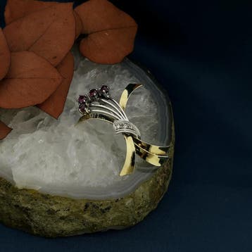 Bicolor gouden broche met robijn en diamanten; 0,06 ct., Sieraden, Tassen en Uiterlijk, Broches, Gebruikt, Overige kleuren, Ophalen of Verzenden