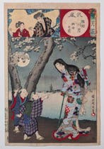 Maan boven de Sumida-rivier - Sneeuw, maan en bloemen -