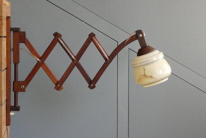 Schaarlamp - Harmonicalamp, Wandlamp - Hout, Glas, Antiek en Kunst, Kunst | Designobjecten