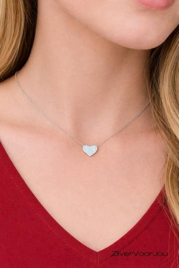 Zilveren wit opaal hart ketting, Verzenden, Nieuw, Zilver