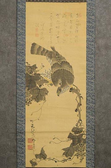 Very fine sumi-e painting Grapevine And Hawk, signed -