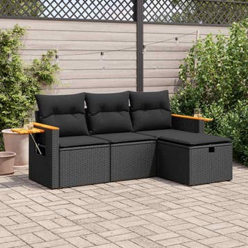 vidaXL 4-delige Loungeset met kussens poly rattan zwart, Verzenden, Nieuw, Loungeset