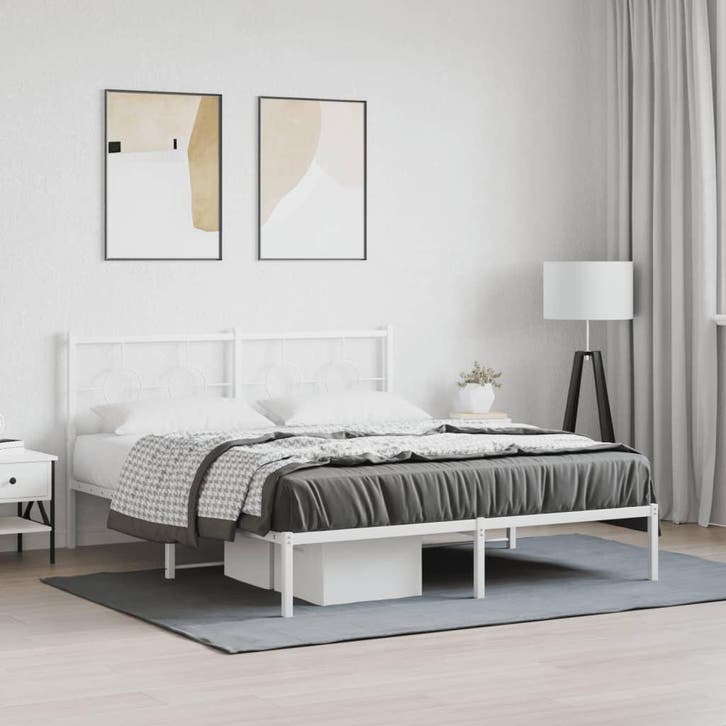vidaXL Bedframe met hoofdbord metaal wit 160x200 cm, Huis en Inrichting, Slaapkamer | Bedden, 160 cm, 200 cm, Wit, Tweepersoons
