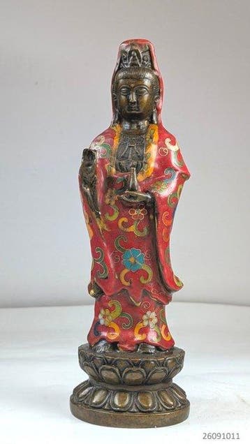 Bijzonder Standbeeld Quan Yin staand op lotus voet - Brons