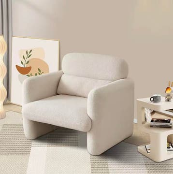 Lamswollen Beige Loungestoel – Fauteuil hout + wol + kussen, Verzenden, Nieuw