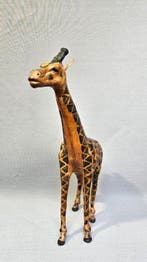 Beeldje - Grote Mid-Century Lederen Giraffe – Handwerk -