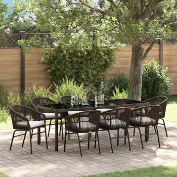 vidaXL Tuin eettafelset 9 pcs Bruin Gepoedercoat staal, Verzenden, Nieuw, Rotan, Meer dan 8 zitplaatsen