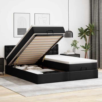 vidaXL Bed poef met matrassen en LEDs 160x200cm kunstleer, Overige materialen, Verzenden, Zwart, 200 cm