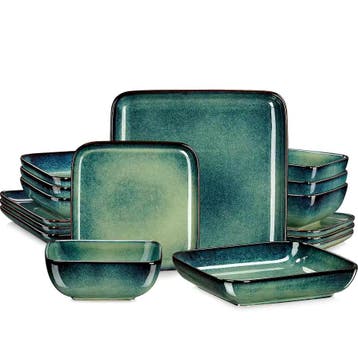 Nieuw: Groene Serviesset 16 Stuks Keramisch Nordic Vierkant, Verzenden, Keramiek, Nieuw, Overige stijlen