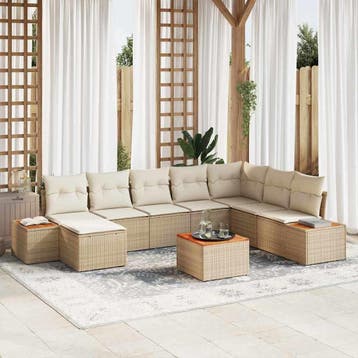 vidaXL Tuinbankenset 9 st Beige Poly riet, Verzenden, Nieuw, Rotan, Meer dan 8 zitplaatsen