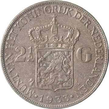 Nederland. Wilhelmina. 2 1/2 Gulden 1933 grof haar ex.