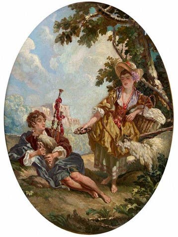 Scuola francese (XIX-XX) - Scena galante con pastori - NO, Antiek en Kunst