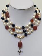 Parel - Natuurlijke parels, zwarte onyx, carneool met