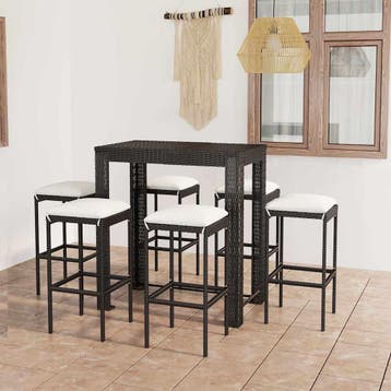 vidaXL 7-delige Tuinbarset met kussens poly rattan zwart, Verzenden, Nieuw, 6 zitplaatsen