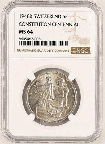 Zwitserland, Bern 5 Francs 1948 - NGC MS64, Postzegels en Munten, Munten | Europa | Niet-Euromunten