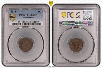 Koningin Wilhelmina 1 cent 1913 MS63 Blackened PCGS, Verzenden, Koningin Wilhelmina, 1 cent, Losse munt