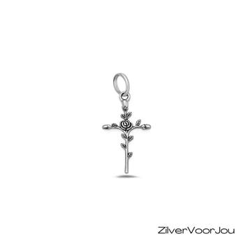 925 zilveren kruis hanger met roos en bladeren, Sieraden, Tassen en Uiterlijk, Kettinghangers, Verzenden, Nieuw, Zilver