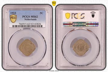 Koningin Wilhelmina 5 cent 1923 MS62 PCGS gecertificeerd, Verzenden, Koningin Wilhelmina, 5 cent, Losse munt