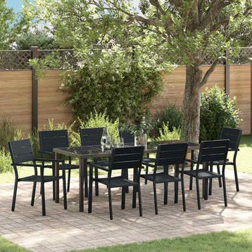 vidaXL Tuin eettafelset 9 st Zwart Gepoedercoat staal, Verzenden, Nieuw, Meer dan 8 zitplaatsen